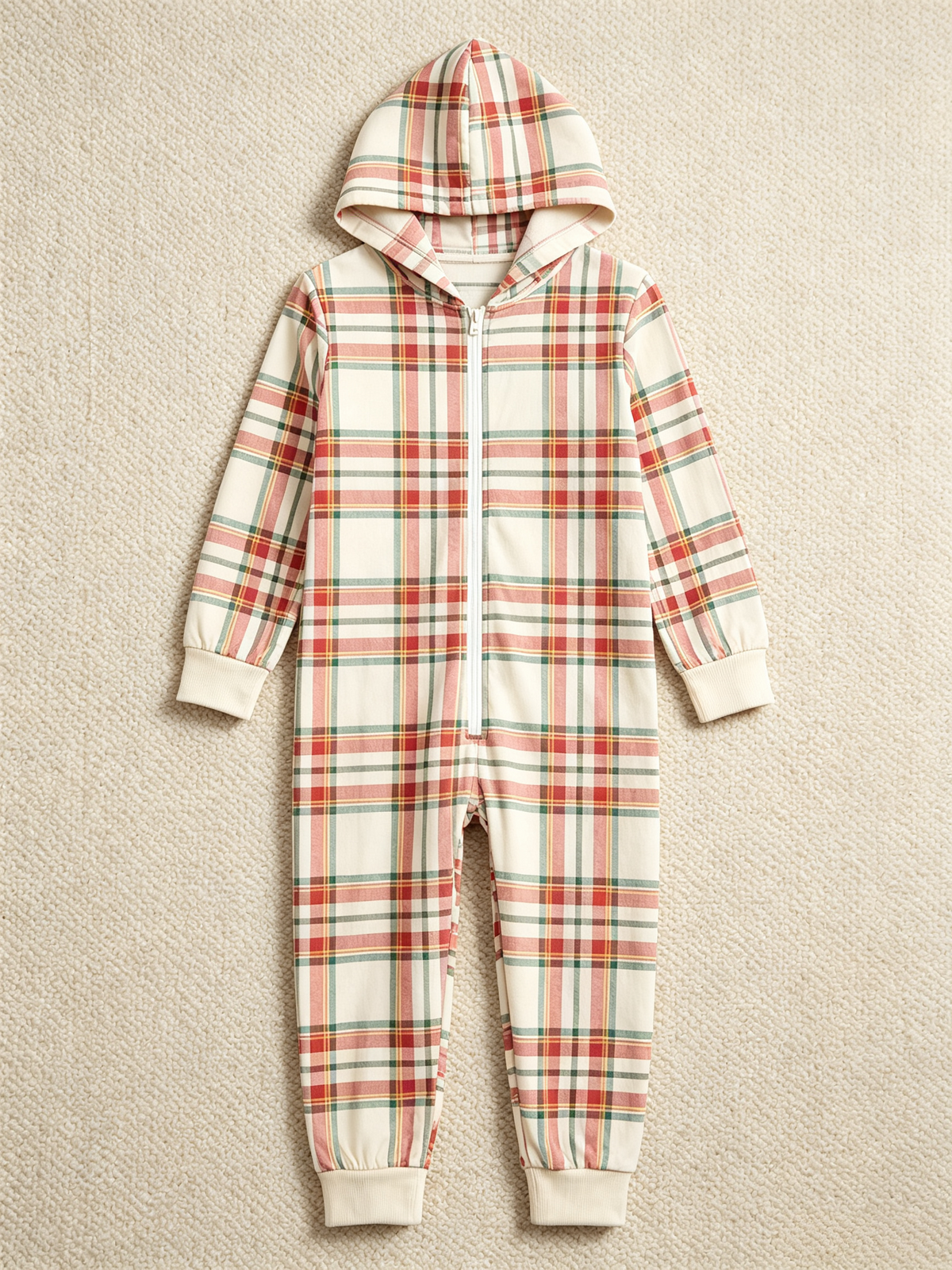 Cream, Red & Green Holiday Tartan Christmas Family Hooded Onesie - Zip-Up Loungewear