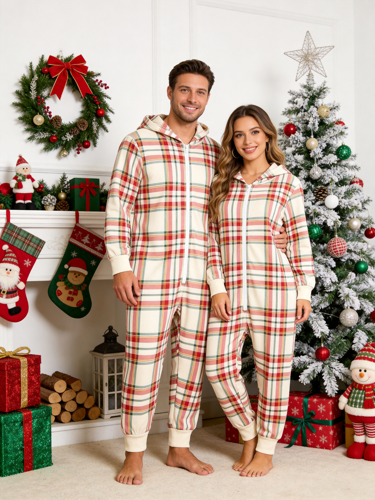 Cream, Red & Green Holiday Tartan Christmas Family Hooded Onesie - Zip-Up Loungewear