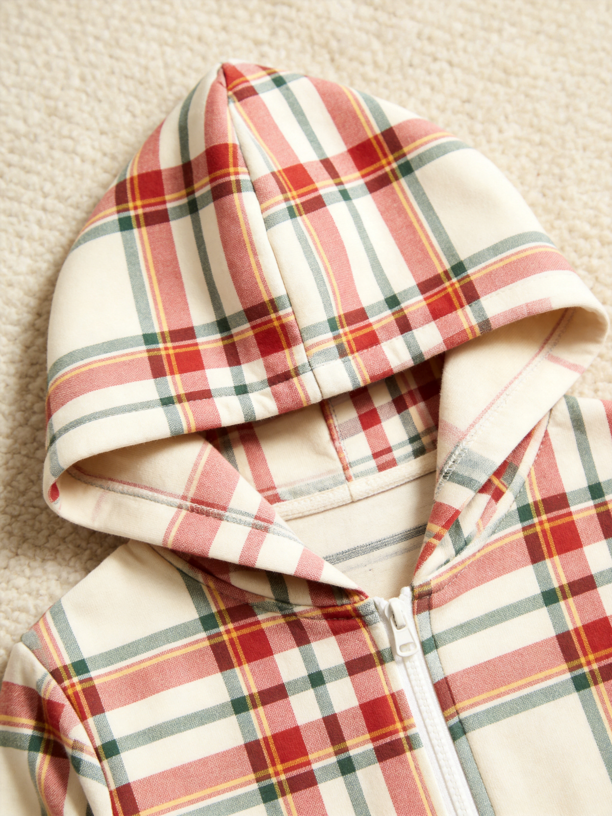 Cream, Red & Green Holiday Tartan Christmas Family Hooded Onesie - Zip-Up Loungewear