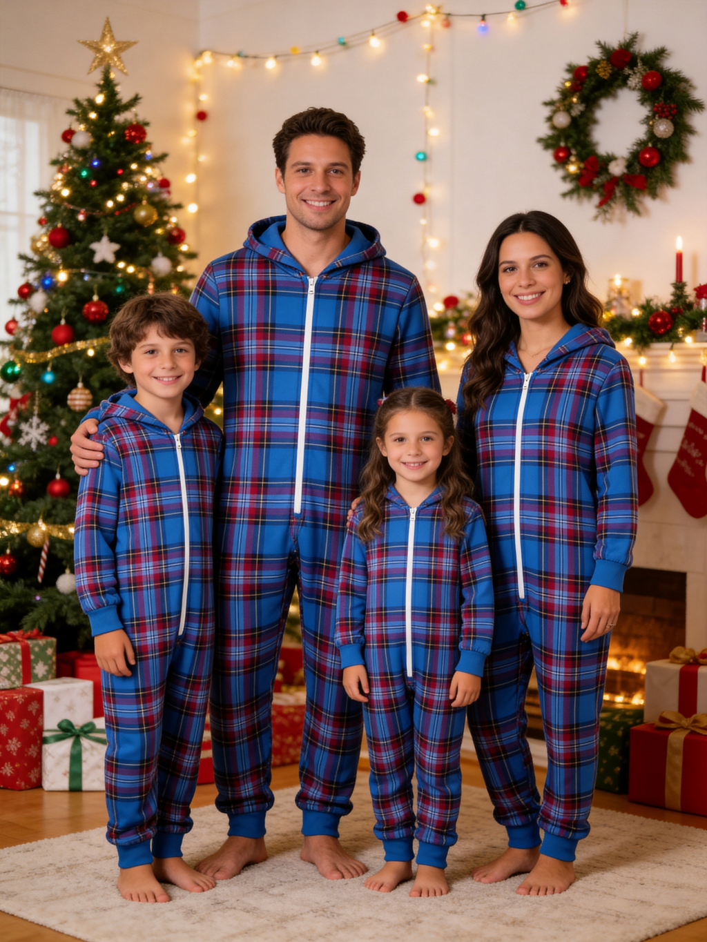 Royal Blue Tartan Plaid Christmas Family Hooded Onesie - Zip-Up Loungewear