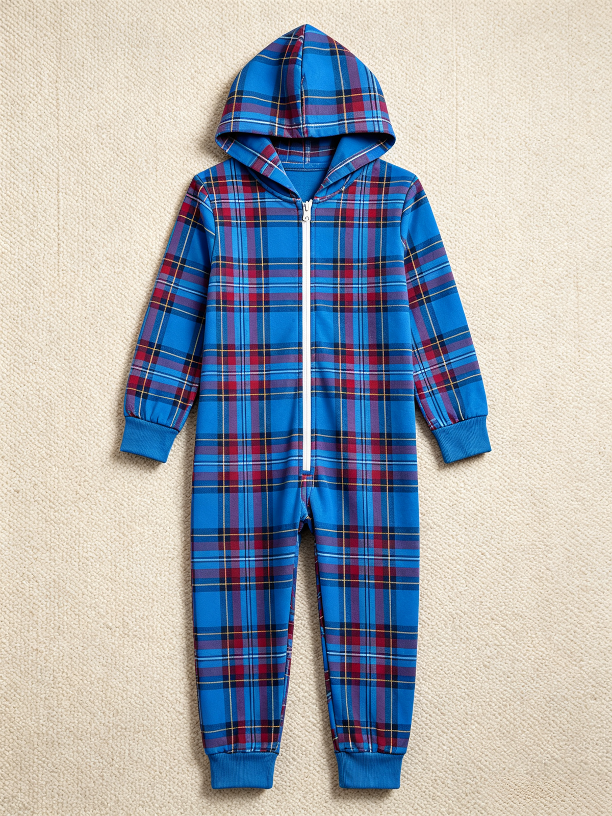 Royal Blue Tartan Plaid Christmas Women Hooded Onesie - Zip-Up Loungewear
