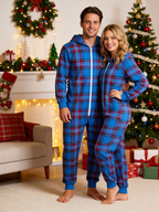 Royal Blue Tartan Plaid Christmas Family Hooded Onesie - Zip-Up Loungewear
