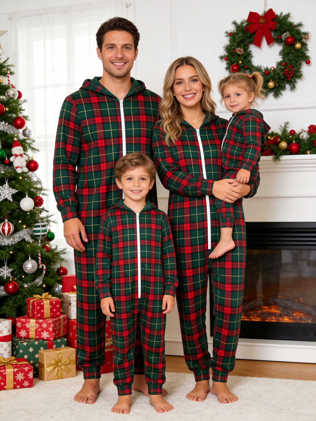 Traditional Green & Red Holiday Plaid Christmas Family Hooded Onesie - Zip-Up Loungewear