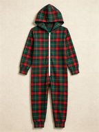 Traditional Green & Red Holiday Plaid Christmas Family Hooded Onesie - Zip-Up Loungewear
