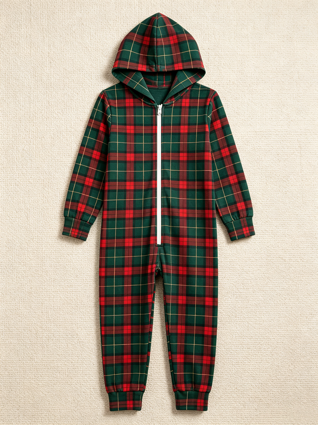 Traditional Green & Red Holiday Plaid Christmas Women Hooded Onesie - Zip-Up Loungewear