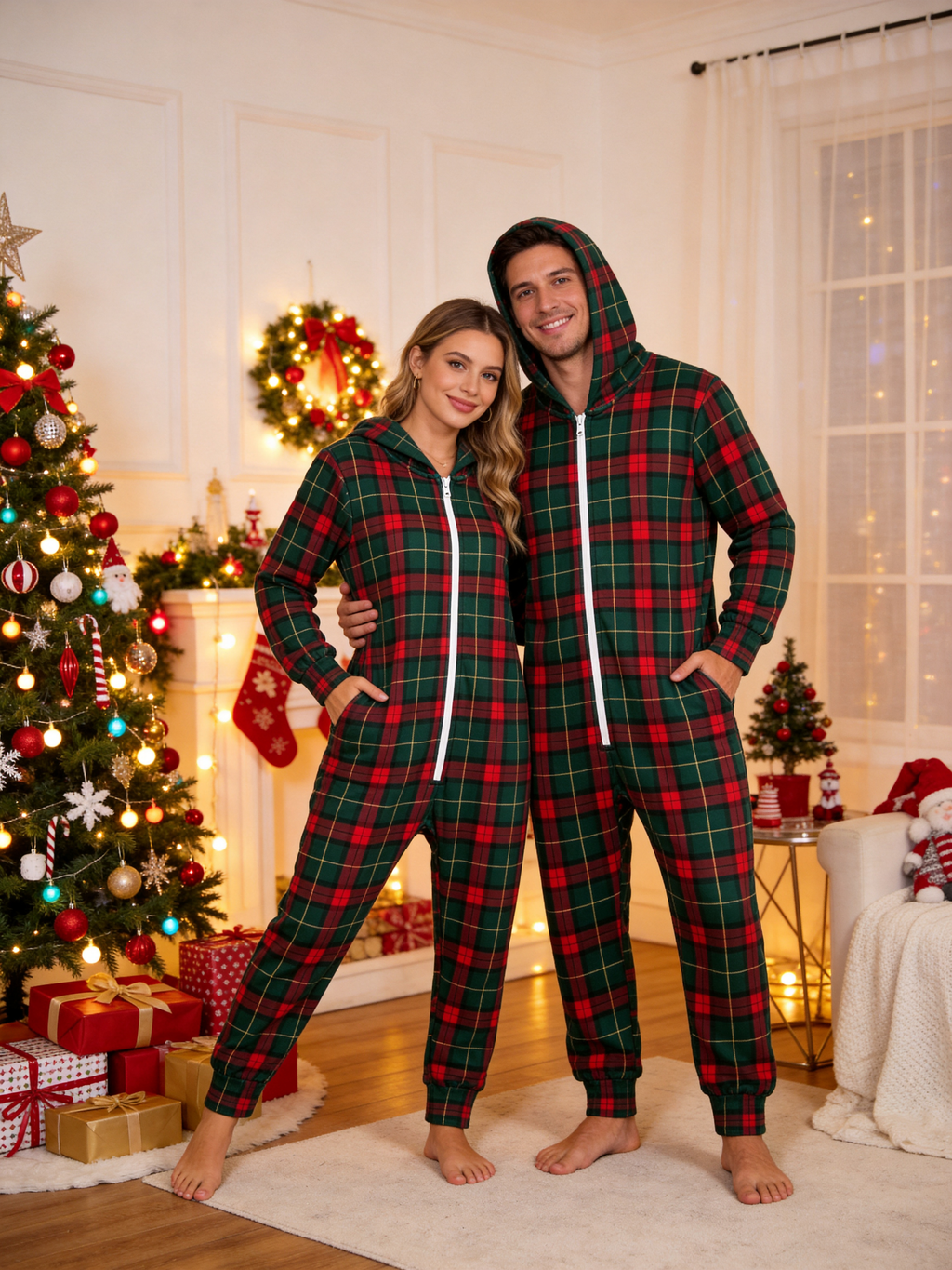 Traditional Green & Red Holiday Plaid Christmas Women Hooded Onesie - Zip-Up Loungewear