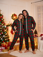 Traditional Green & Red Holiday Plaid Christmas Women Hooded Onesie - Zip-Up Loungewear
