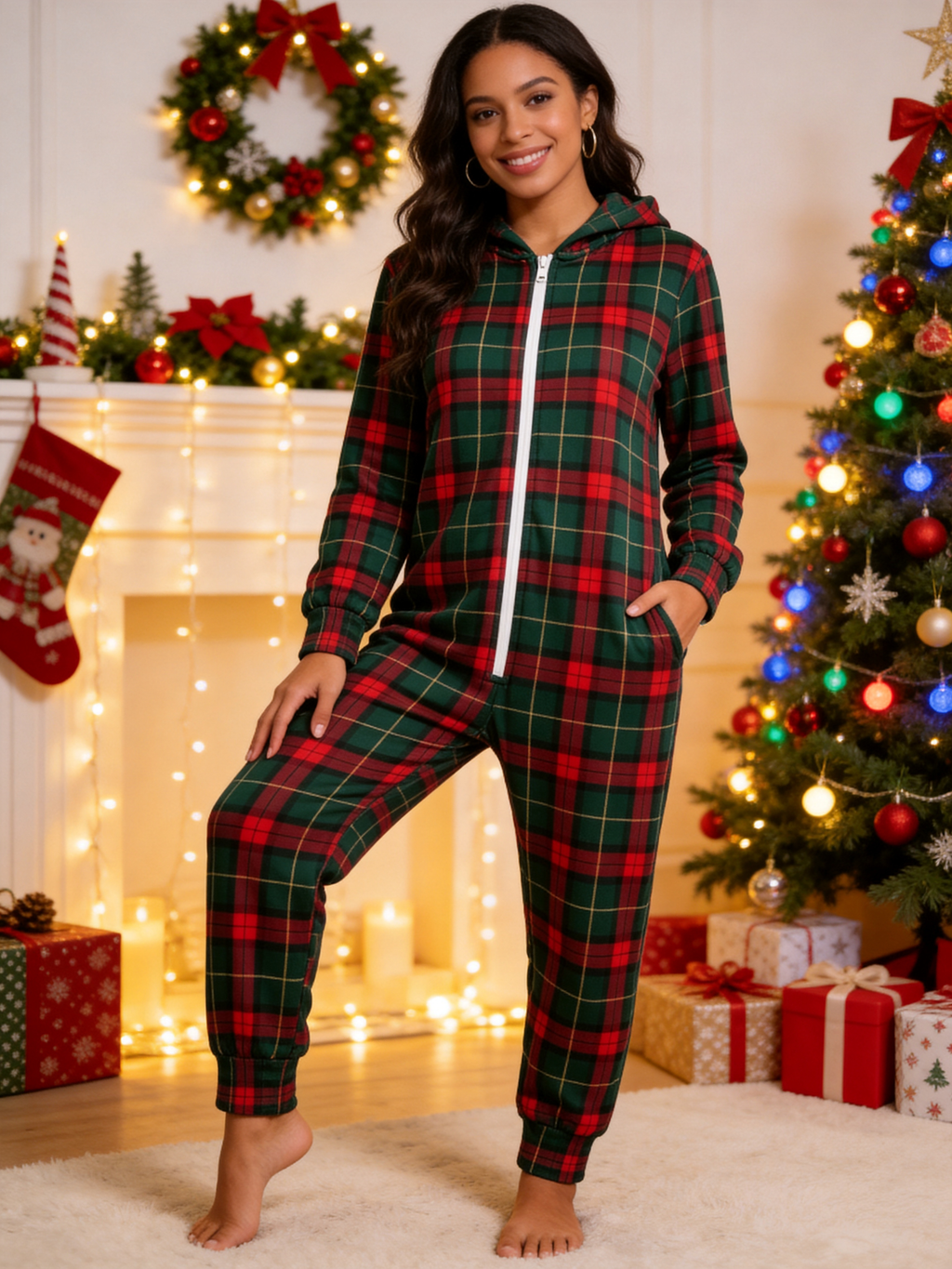 Traditional Green & Red Holiday Plaid Christmas Women Hooded Onesie - Zip-Up Loungewear