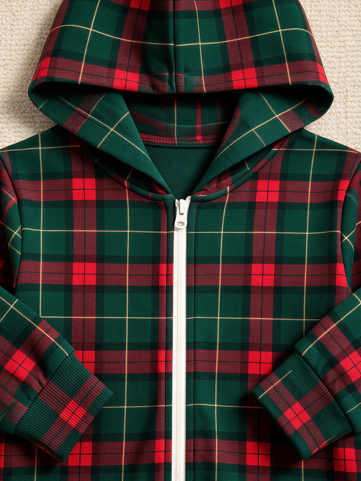 Traditional Green & Red Holiday Plaid Christmas Family Hooded Onesie - Zip-Up Loungewear