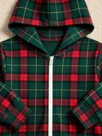 Traditional Green & Red Holiday Plaid Christmas Women Hooded Onesie - Zip-Up Loungewear