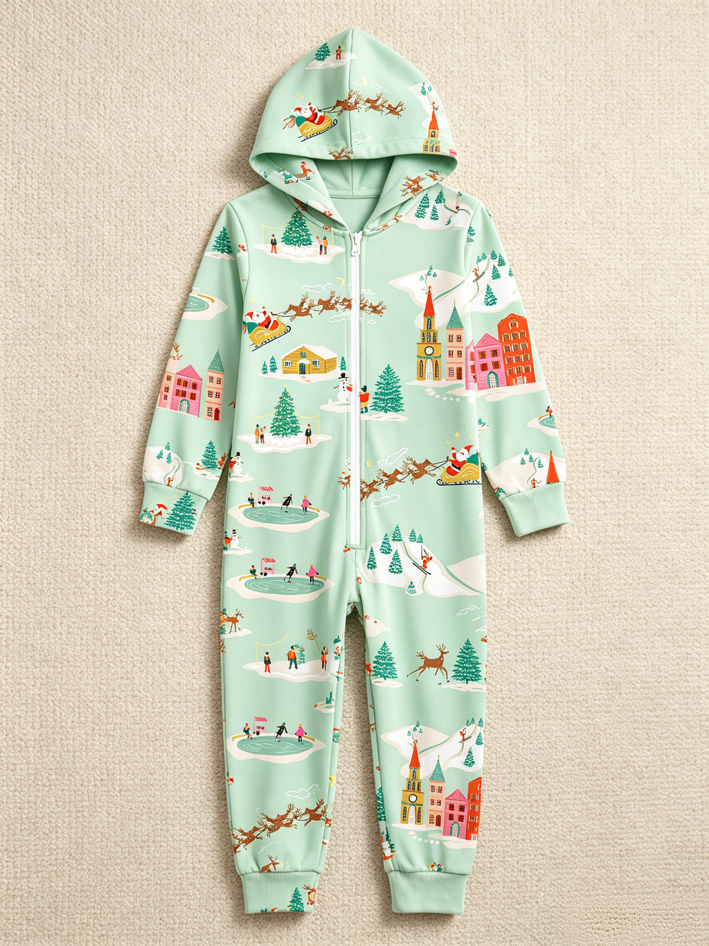 Santa Sleigh & Winter Town Mint Green Christmas Family Hooded Onesie - Zip-Up Loungewear