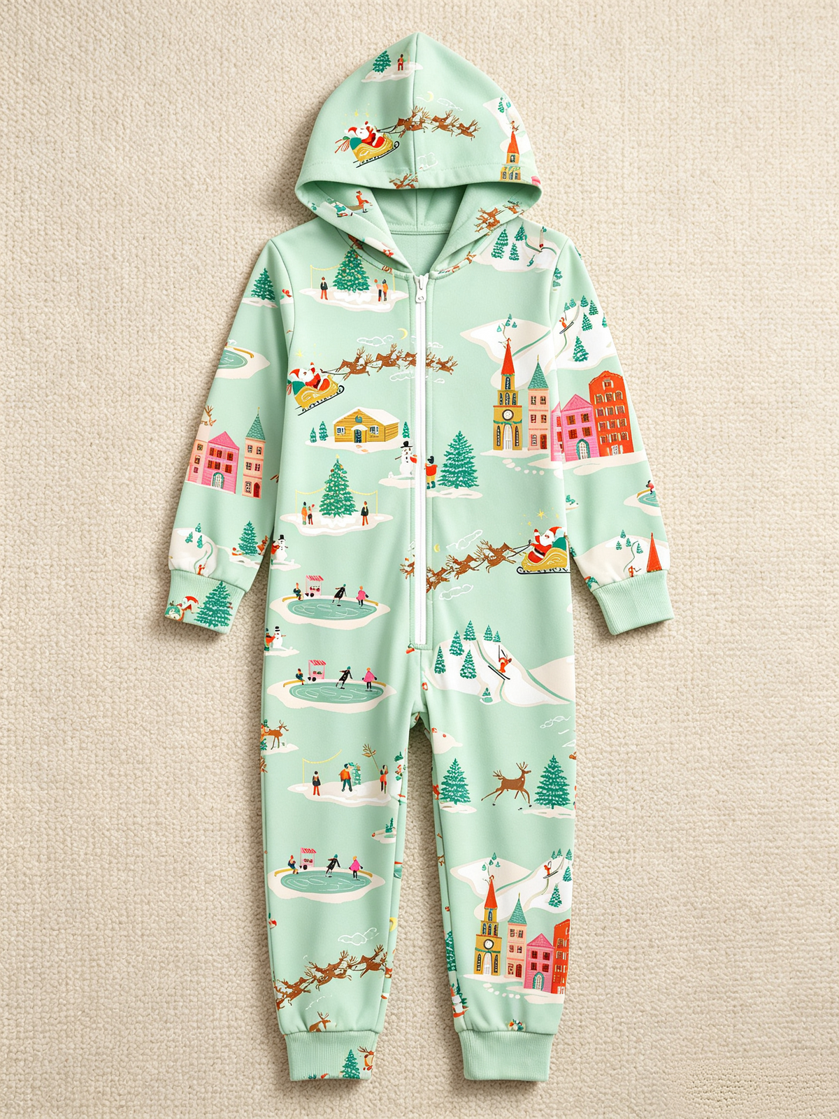 Santa Sleigh & Winter Town Mint Green Christmas Women Hooded Onesie - Zip-Up Loungewear