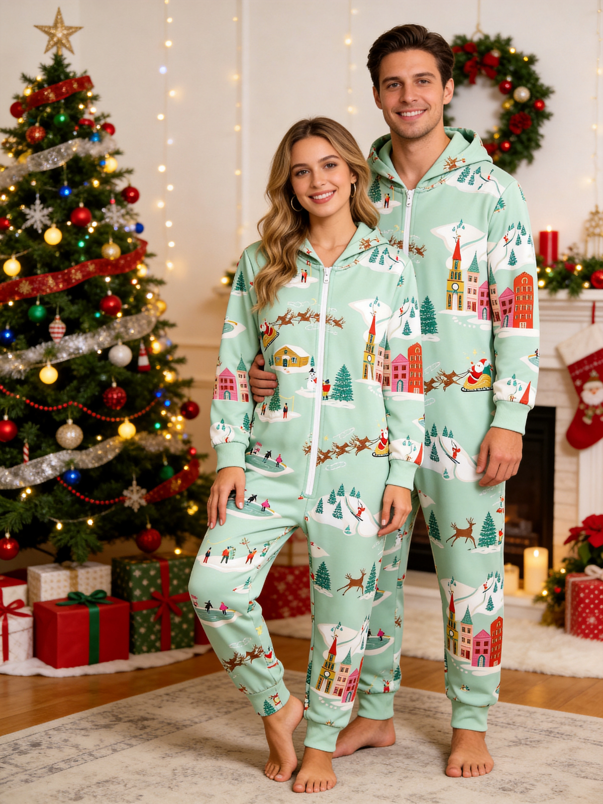 Santa Sleigh & Winter Town Mint Green Christmas Family Hooded Onesie - Zip-Up Loungewear
