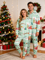 Santa Sleigh & Winter Town Mint Green Christmas Women Hooded Onesie - Zip-Up Loungewear