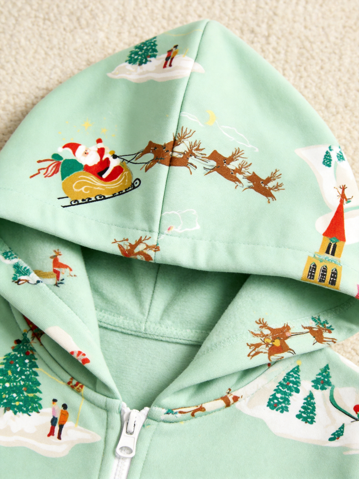 Santa Sleigh & Winter Town Mint Green Christmas Women Hooded Onesie - Zip-Up Loungewear