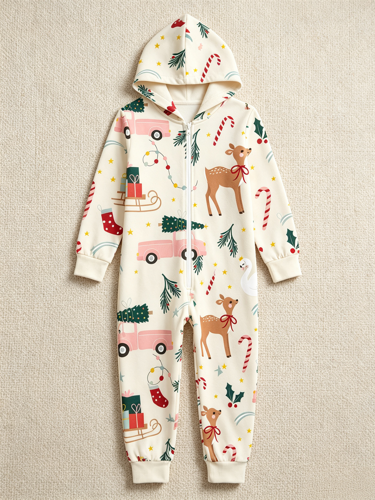 Reindeer, Pink Truck & Candy Cane Cream Christmas Family Hooded Onesie - Zip-Up Loungewear