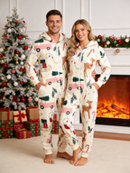 Reindeer, Pink Truck & Candy Cane Cream Christmas Women Hooded Onesie - Zip-Up Loungewear