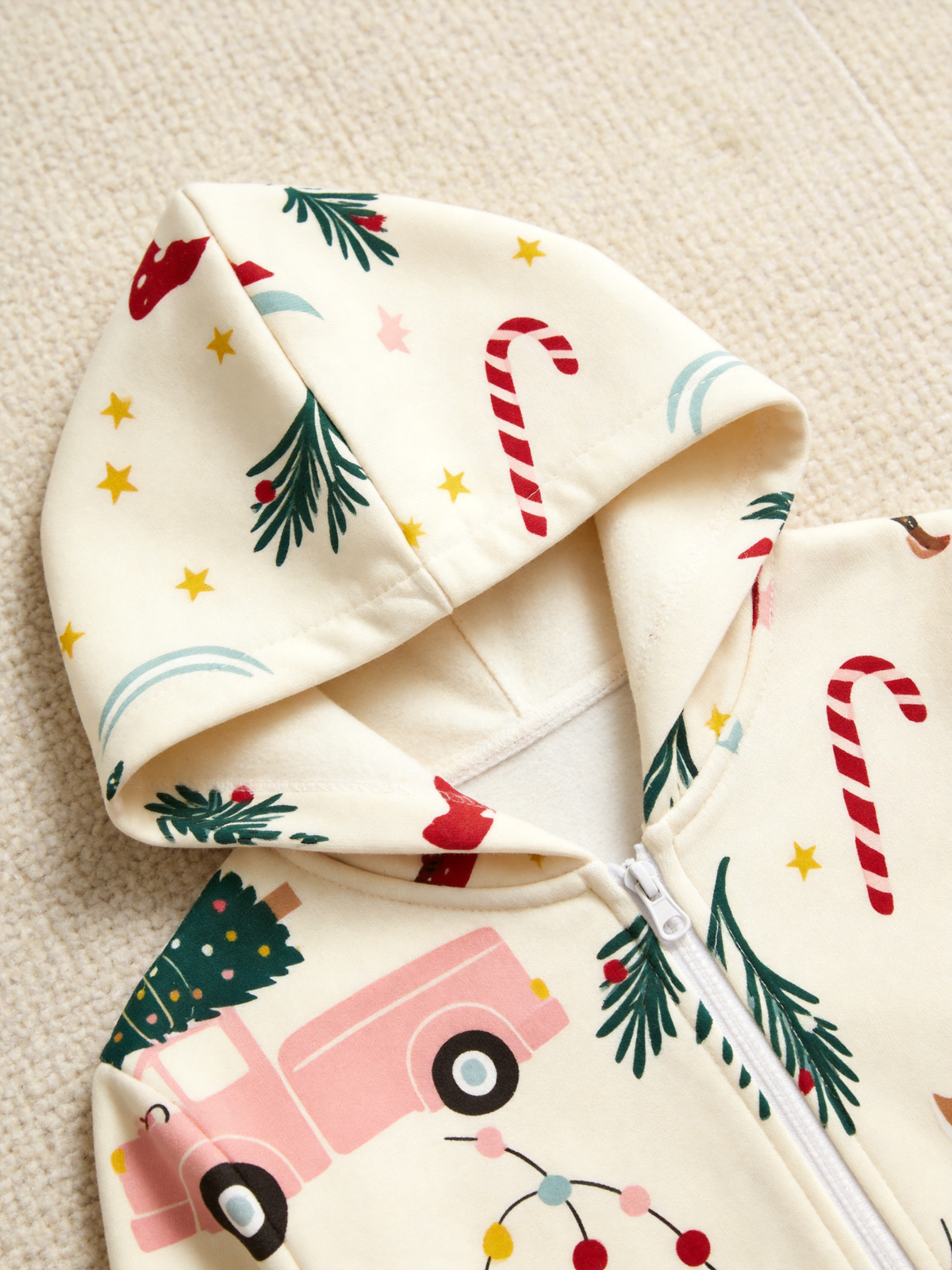 Reindeer, Pink Truck & Candy Cane Cream Christmas Women Hooded Onesie - Zip-Up Loungewear