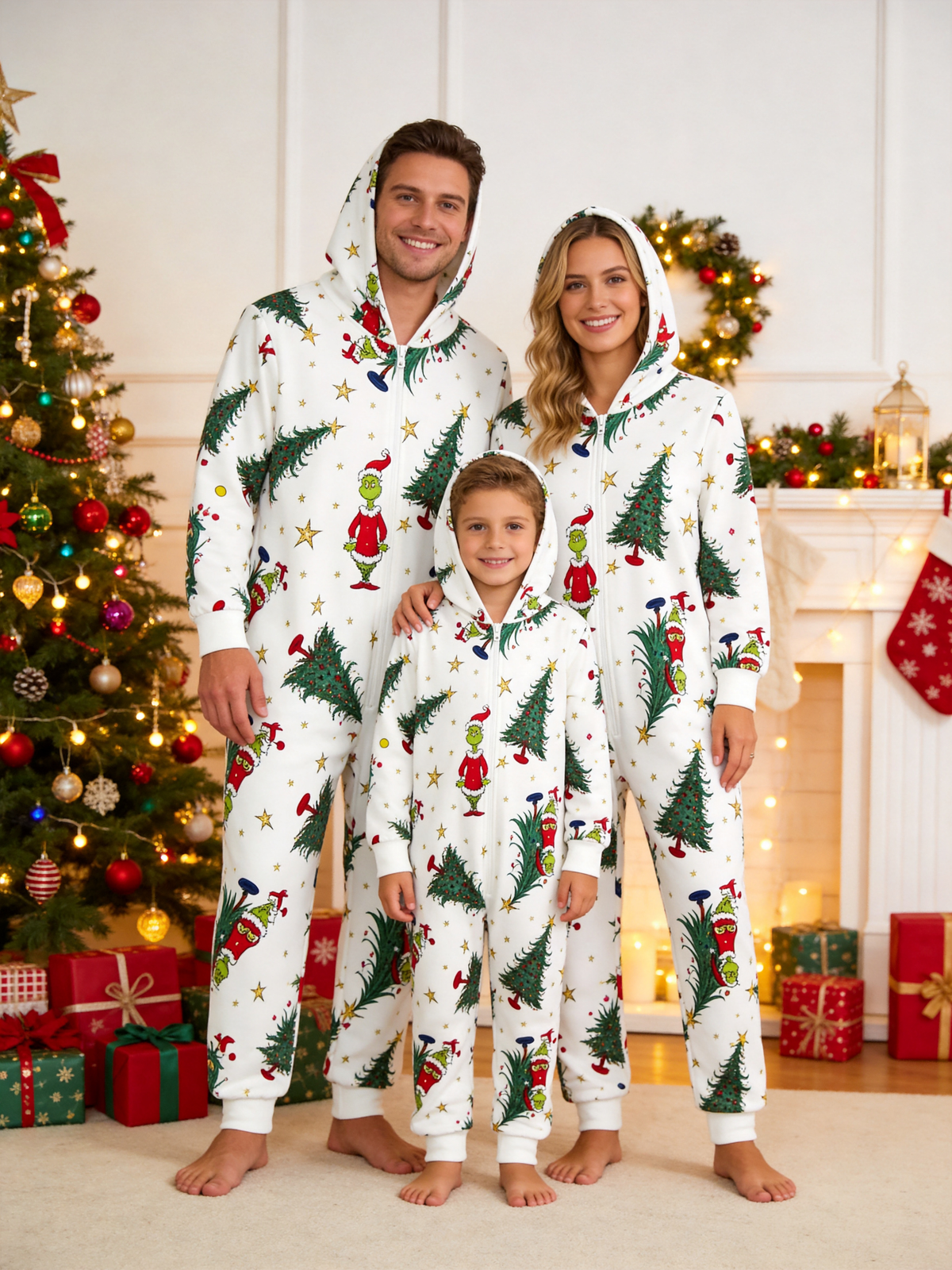Cartoon Christmas Character & Pine Tree Cream Christmas Family Hooded Onesie - Zip-Up Loungewear