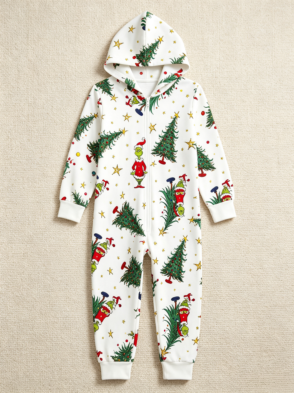 Cartoon Christmas Character & Pine Tree Cream Christmas Women Hooded Onesie - Zip-Up Loungewear
