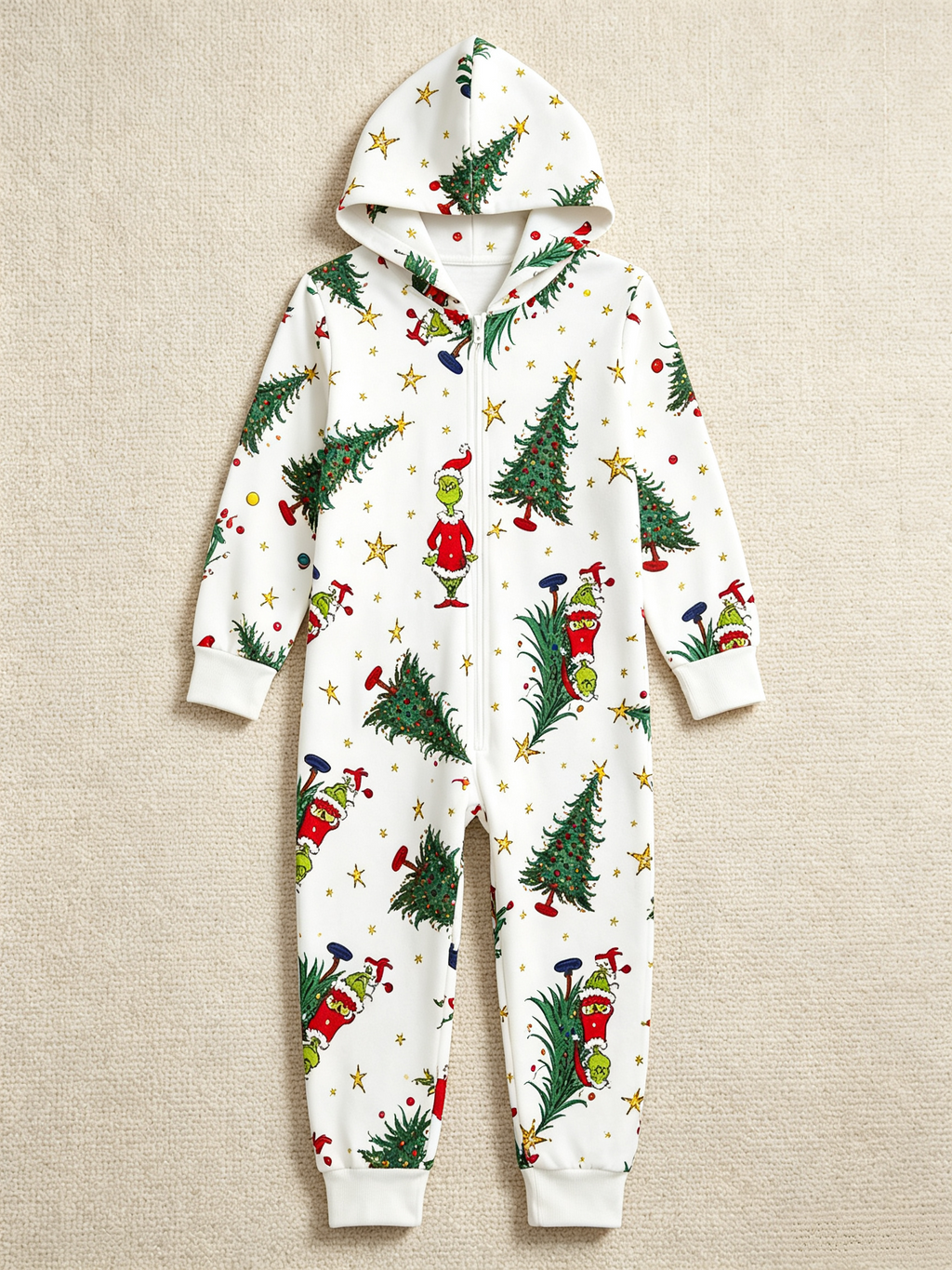 Cartoon Christmas Character & Pine Tree Cream Christmas Family Hooded Onesie - Zip-Up Loungewear