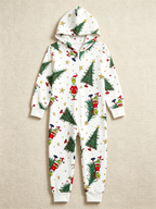 Cartoon Christmas Character & Pine Tree Cream Christmas Family Hooded Onesie - Zip-Up Loungewear