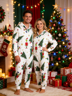 Cartoon Christmas Character & Pine Tree Cream Christmas Family Hooded Onesie - Zip-Up Loungewear