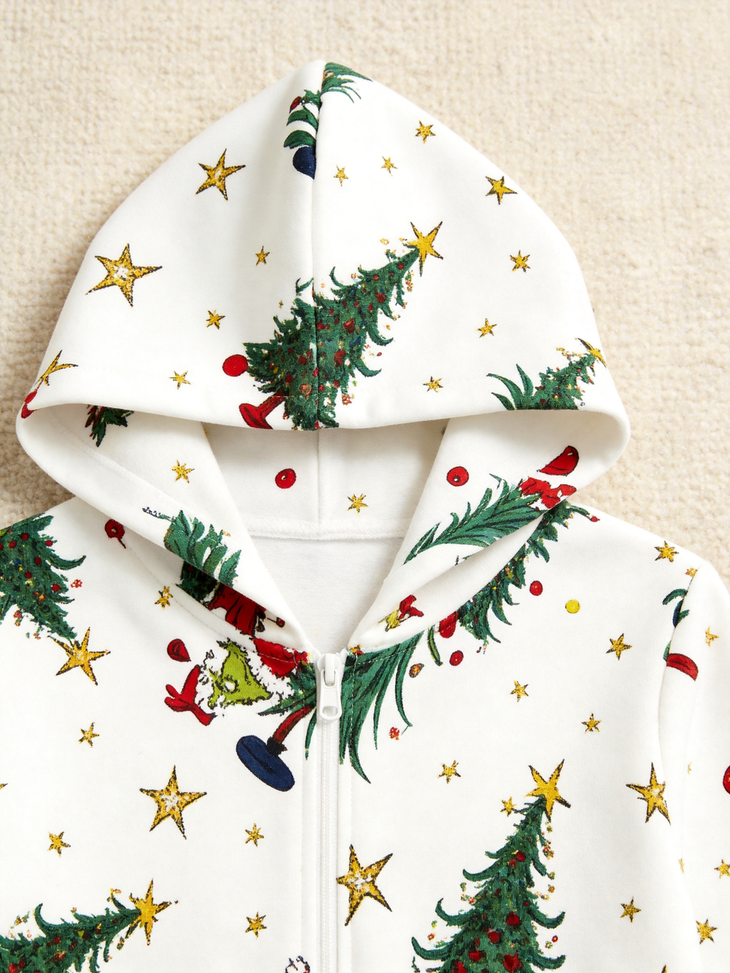 Cartoon Christmas Character & Pine Tree Cream Christmas Family Hooded Onesie - Zip-Up Loungewear