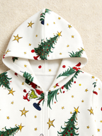 Cartoon Christmas Character & Pine Tree Cream Christmas Women Hooded Onesie - Zip-Up Loungewear