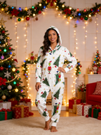 Cartoon Christmas Character & Pine Tree Cream Christmas Family Hooded Onesie - Zip-Up Loungewear