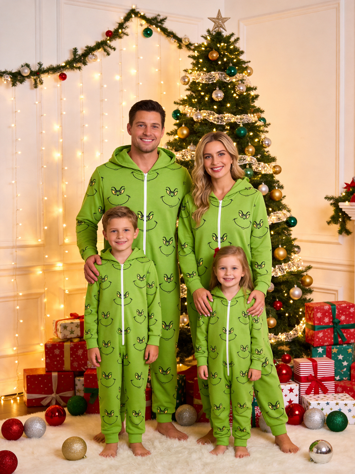 Cartoon Character Smirking Face Green Christmas Family Hooded Onesie - Zip-Up Loungewear