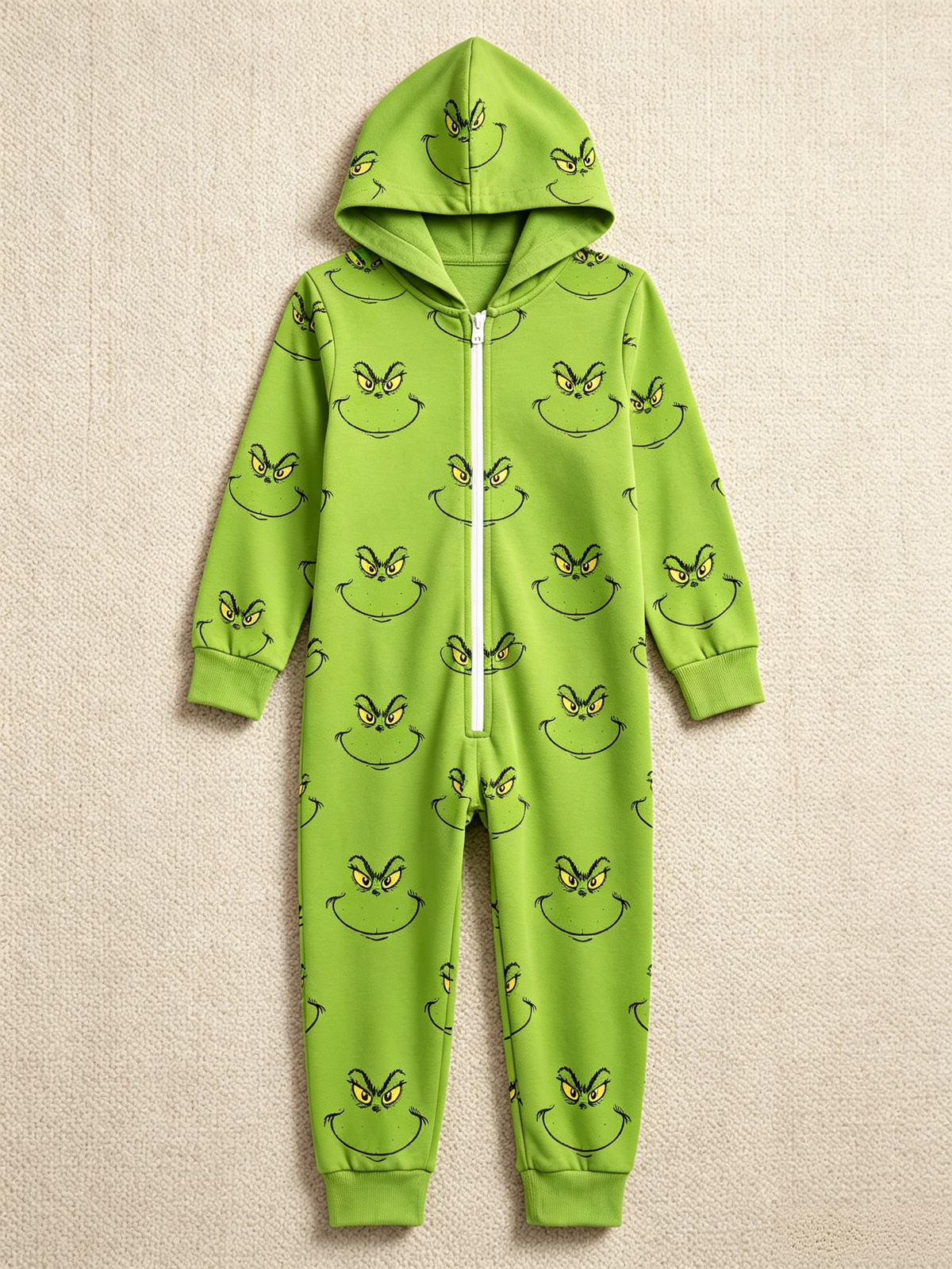Cartoon Character Smirking Face Green Christmas Women Hooded Onesie - Zip-Up Loungewear
