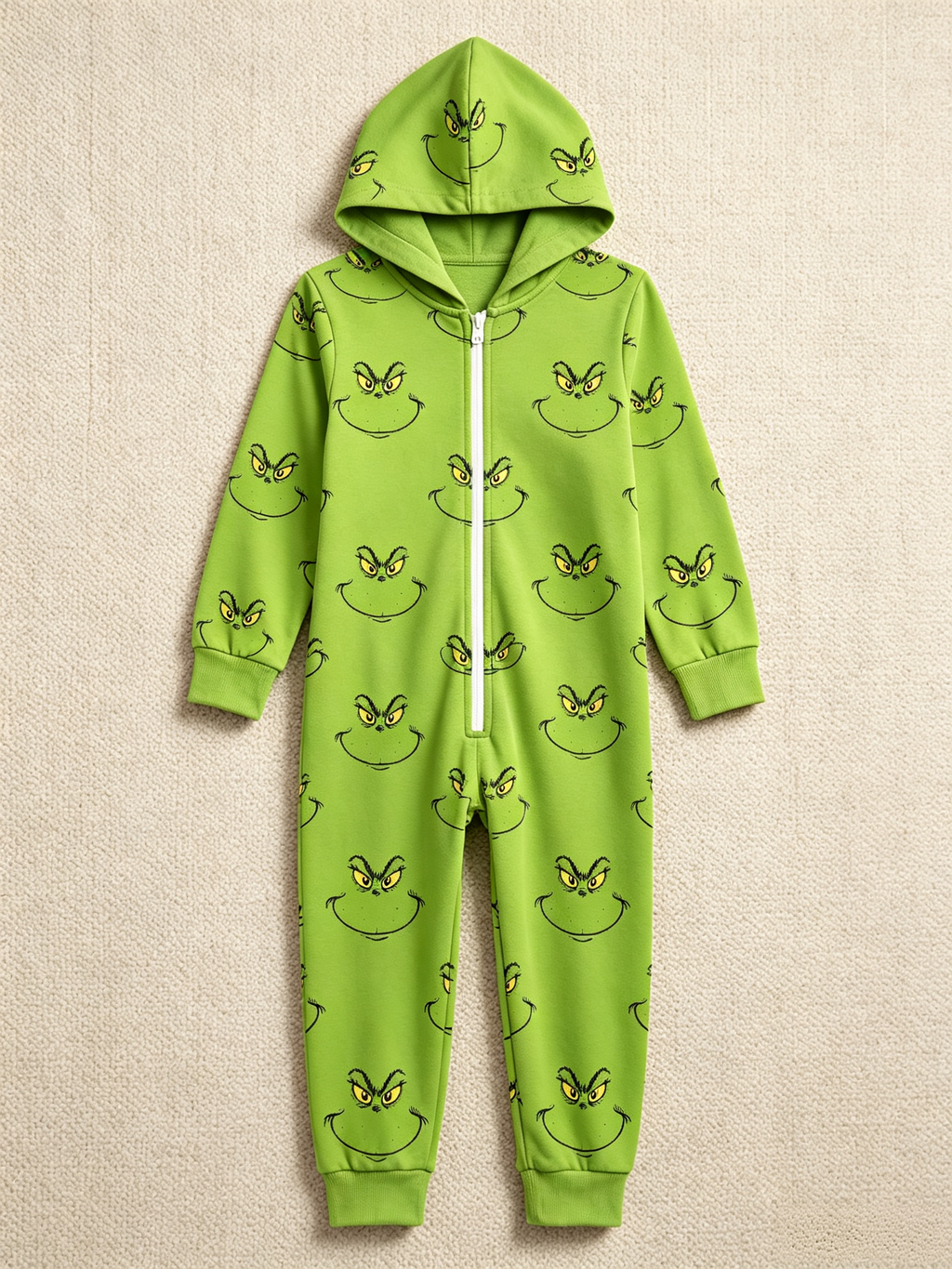 Cartoon Character Smirking Face Green Christmas Family Hooded Onesie - Zip-Up Loungewear