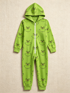 Cartoon Character Smirking Face Green Christmas Family Hooded Onesie - Zip-Up Loungewear