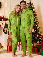 Cartoon Character Smirking Face Green Christmas Family Hooded Onesie - Zip-Up Loungewear