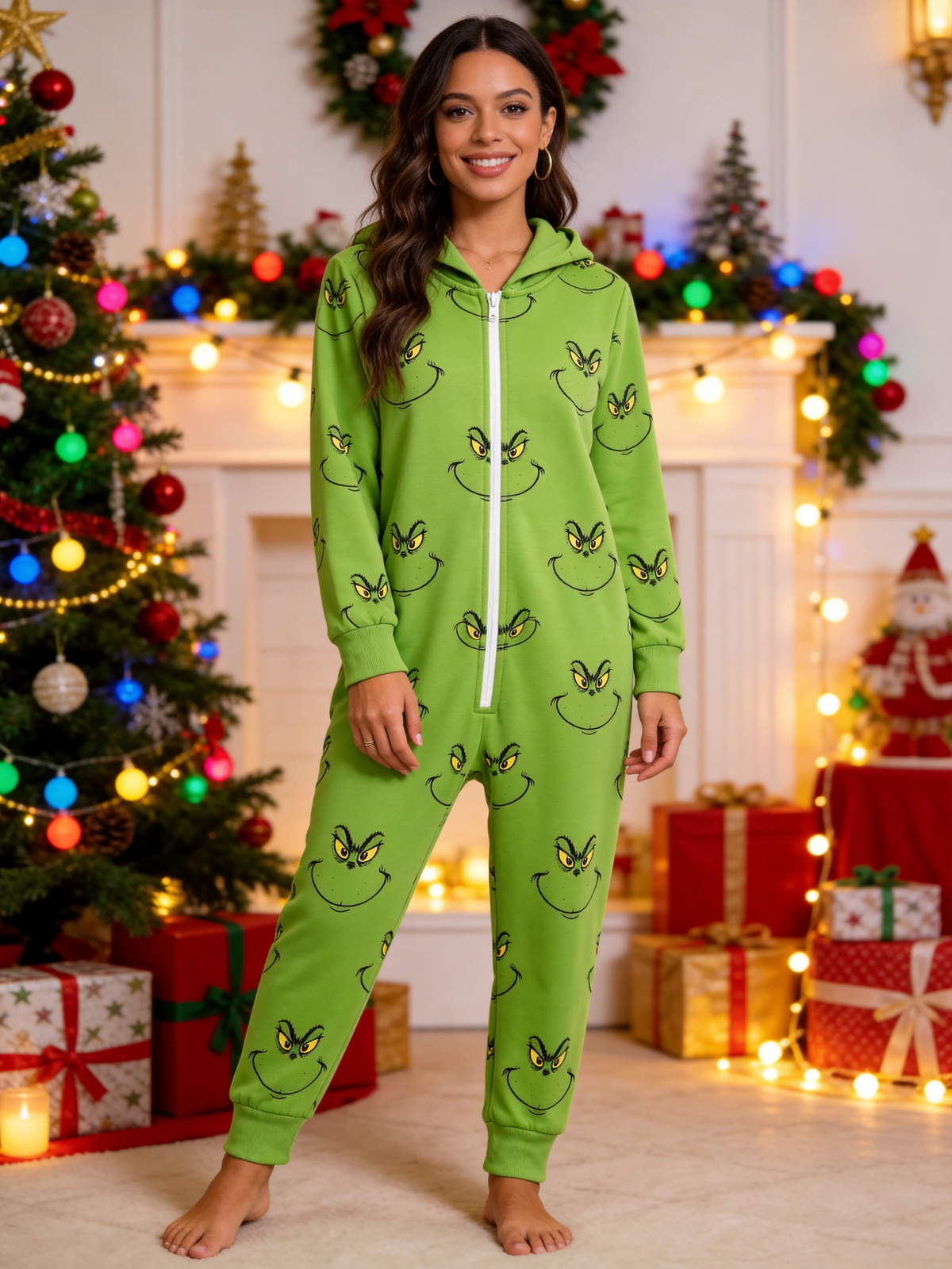 Cartoon Character Smirking Face Green Christmas Family Hooded Onesie - Zip-Up Loungewear