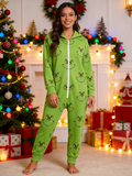 Cartoon Character Smirking Face Green Christmas Women Hooded Onesie - Zip-Up Loungewear