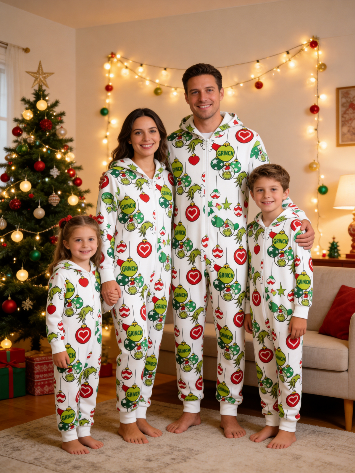 Cartoon Character & Christmas Bauble Cream Christmas Women Hooded Onesie - Zip-Up Loungewear
