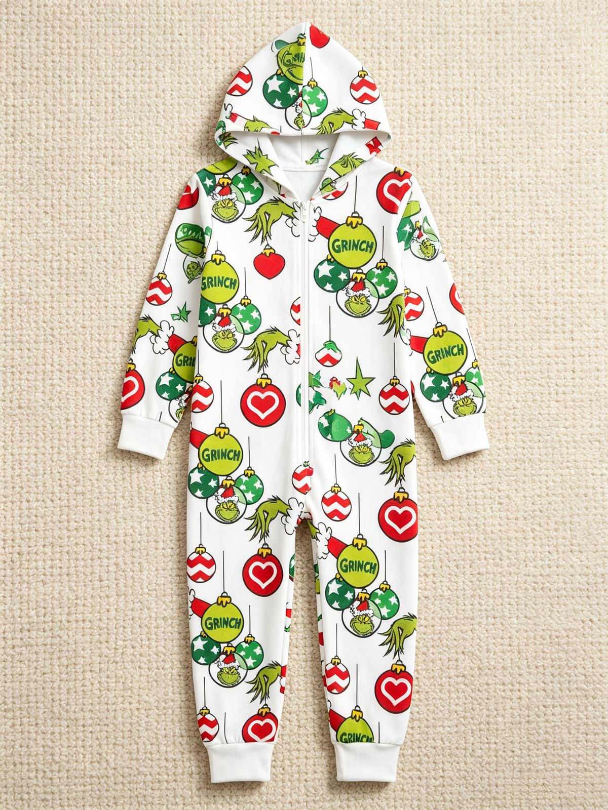 Cartoon Character & Christmas Bauble Cream Christmas Women Hooded Onesie - Zip-Up Loungewear