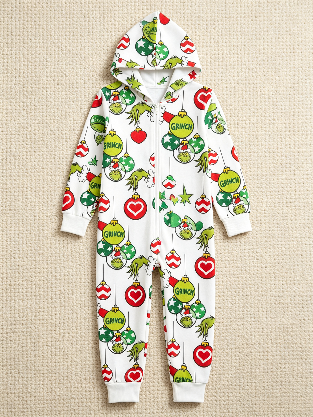 Cartoon Character & Christmas Bauble Cream Christmas Family Hooded Onesie - Zip-Up Loungewear