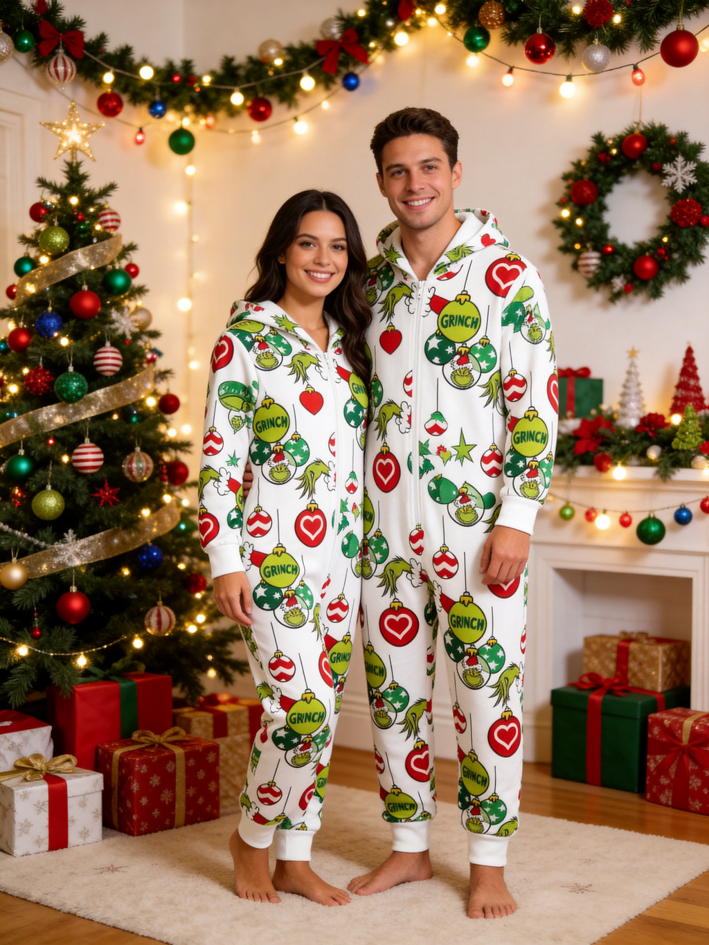 Cartoon Character & Christmas Bauble Cream Christmas Family Hooded Onesie - Zip-Up Loungewear
