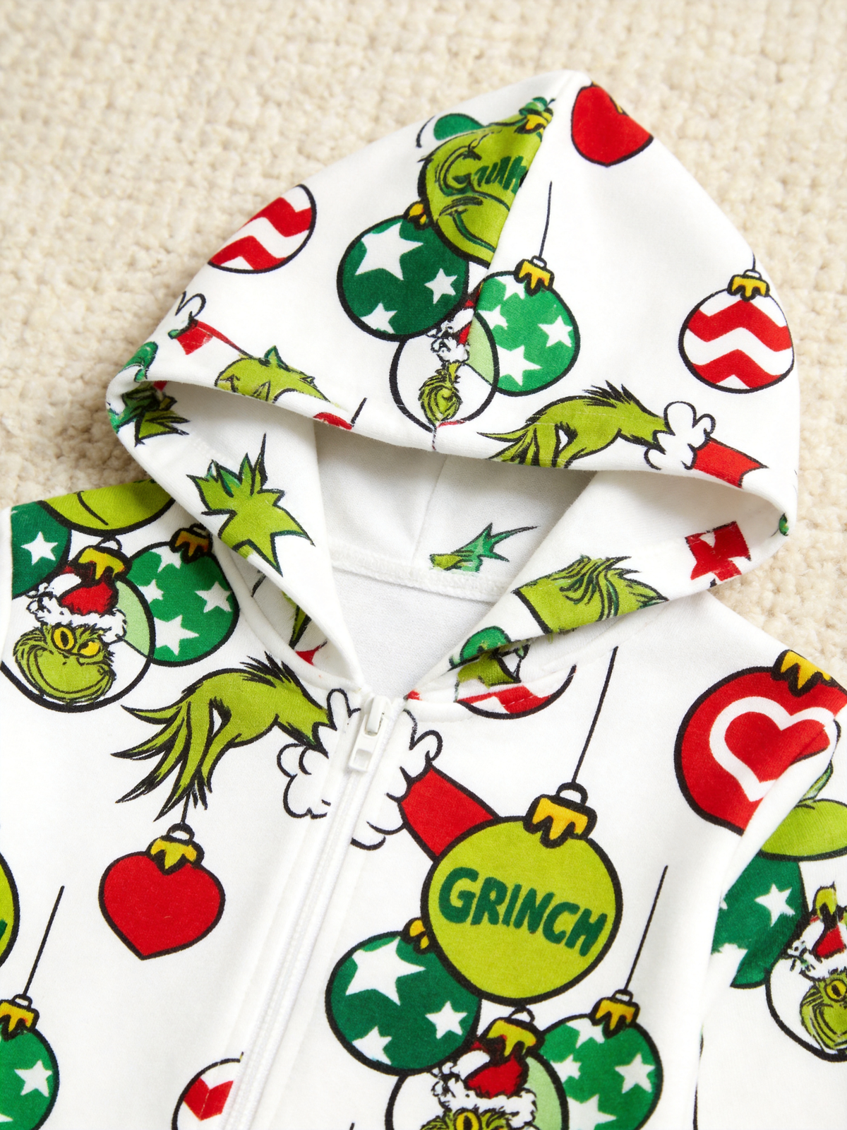 Cartoon Character & Christmas Bauble Cream Christmas Family Hooded Onesie - Zip-Up Loungewear