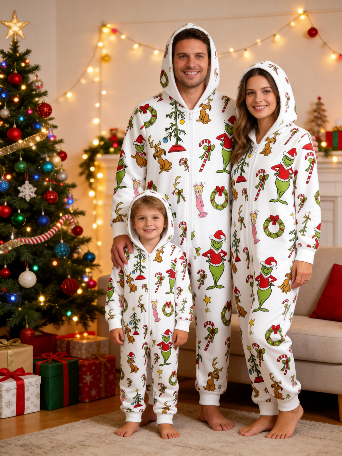 Cartoon Character, Dog & Holiday Element Cream Christmas Family Hooded Onesie - Zip-Up Loungewear