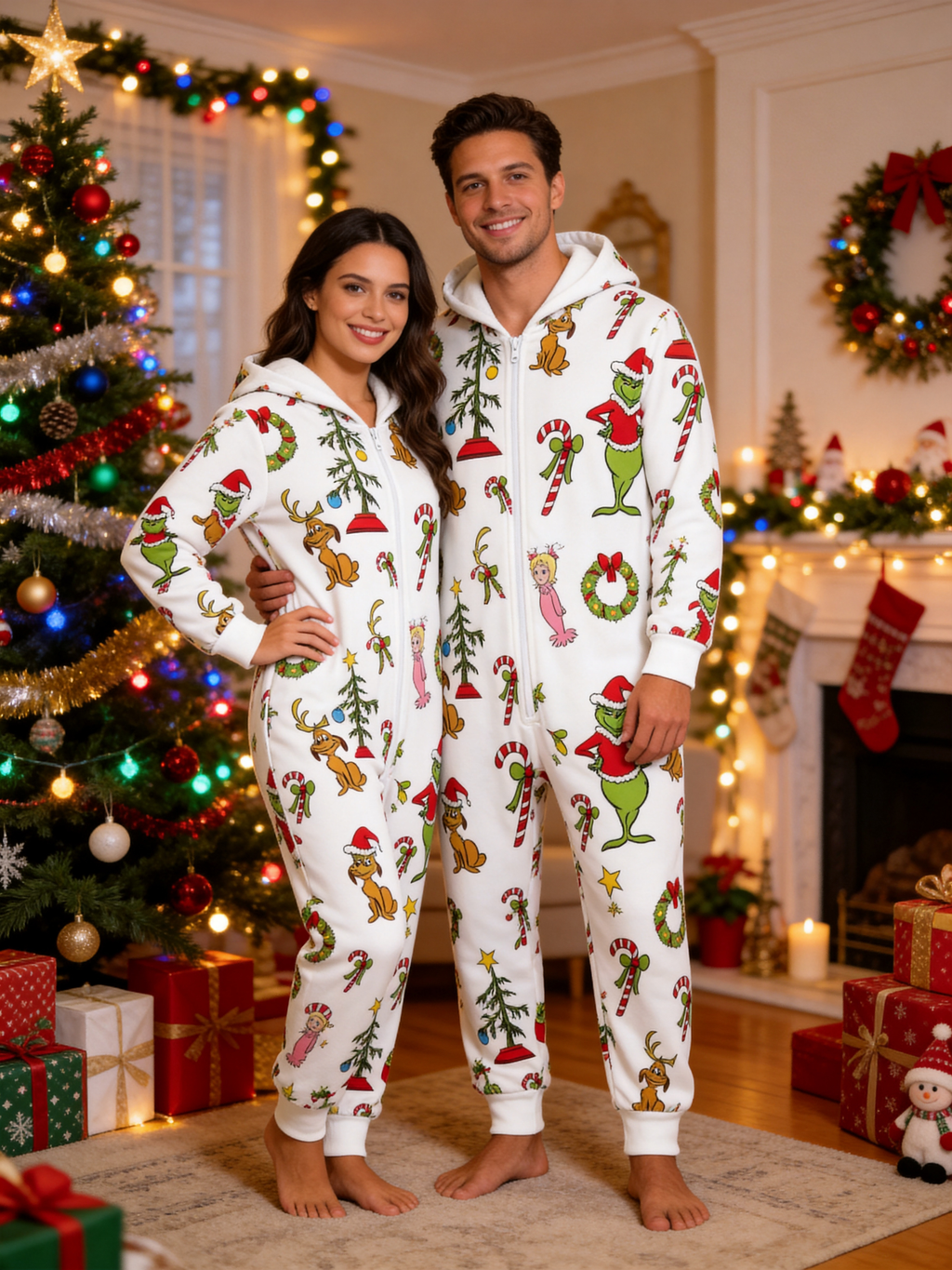 Cartoon Character, Dog & Holiday Element Cream Christmas Women Hooded Onesie - Zip-Up Loungewear