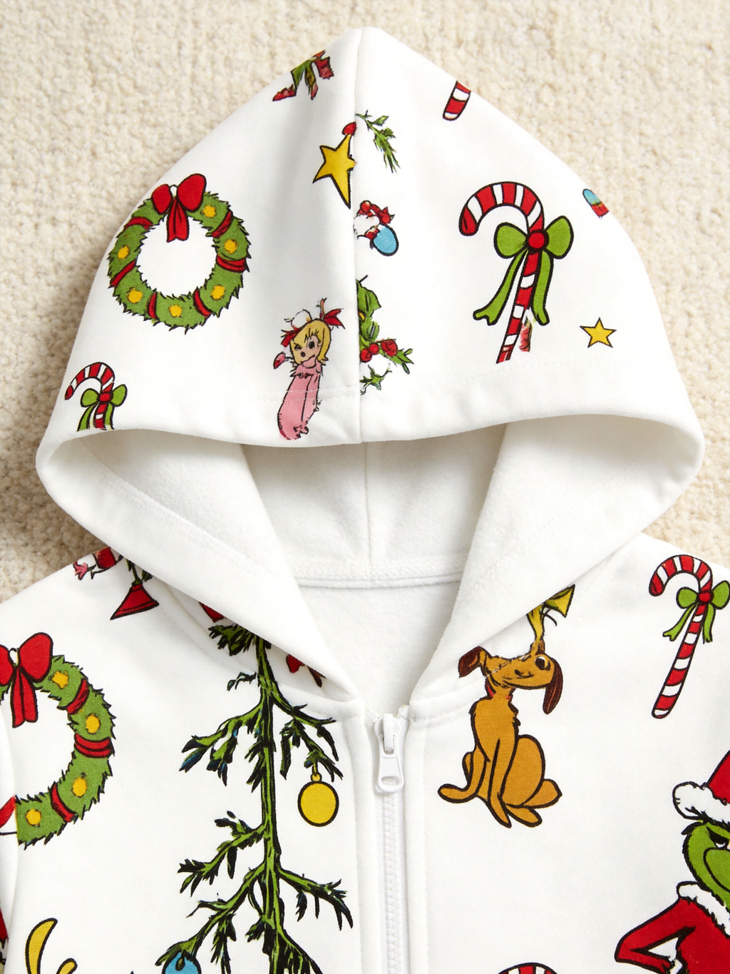 Cartoon Character, Dog & Holiday Element Cream Christmas Women Hooded Onesie - Zip-Up Loungewear