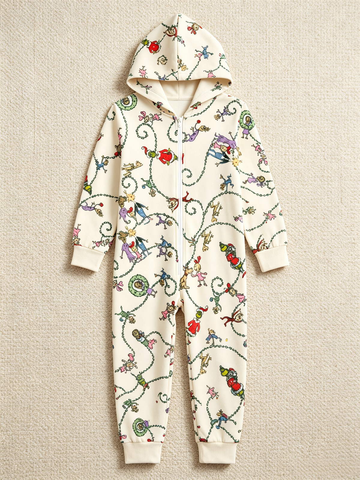 Cartoon Character Garlanding Beige Christmas Family Hooded Onesie - Zip-Up Loungewear