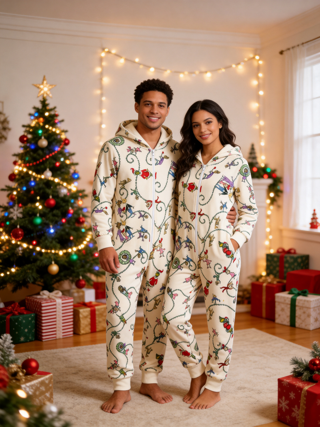 Cartoon Character Garlanding Beige Christmas Family Hooded Onesie - Zip-Up Loungewear
