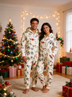 Cartoon Character Garlanding Beige Christmas Family Hooded Onesie - Zip-Up Loungewear
