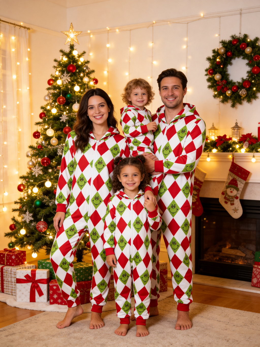 Cartoon Face Argyle Diamond Red & Green Christmas Family Hooded Onesie - Zip-Up Loungewear