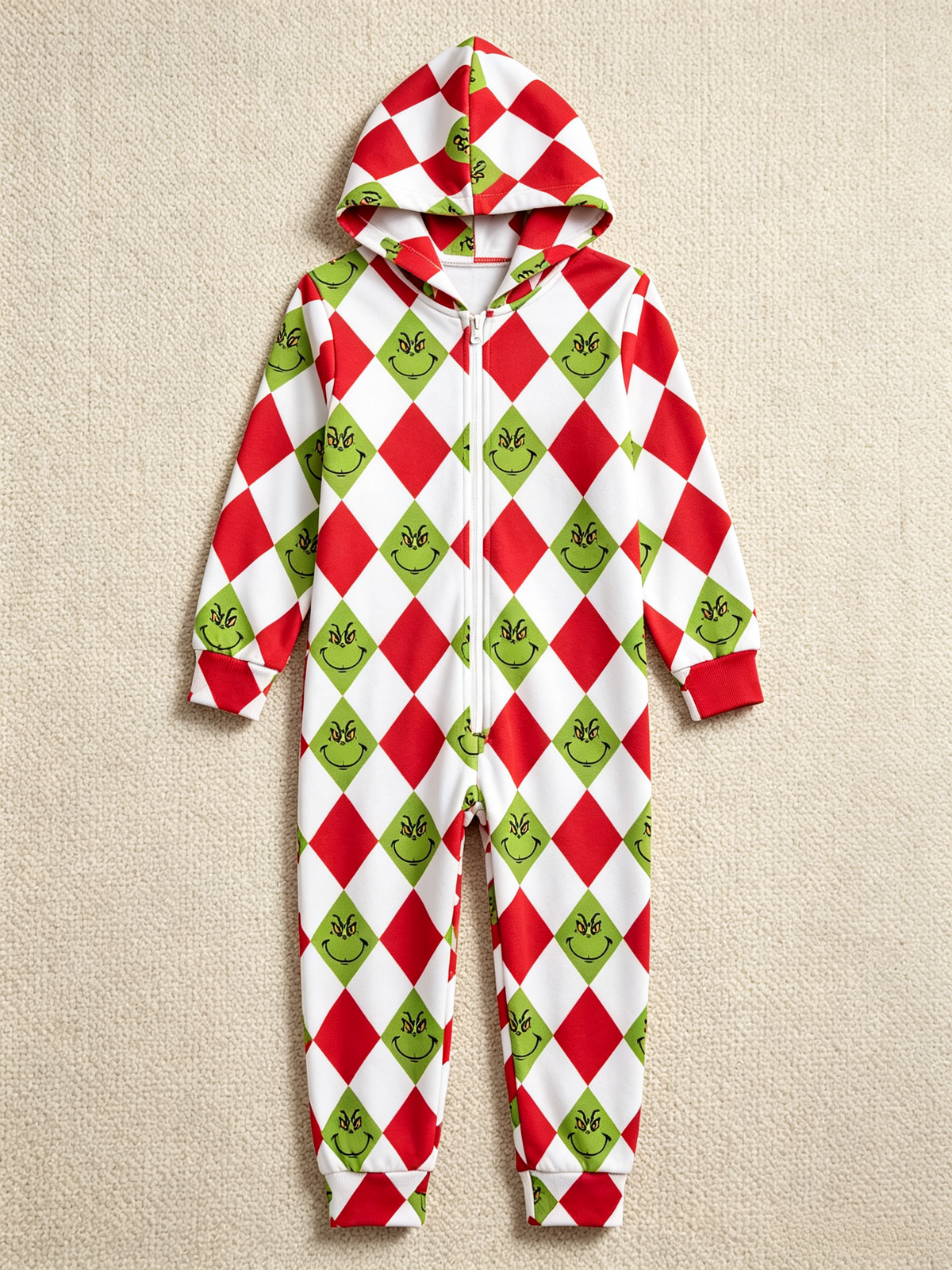 Cartoon Face Argyle Diamond Red & Green Christmas Family Hooded Onesie - Zip-Up Loungewear